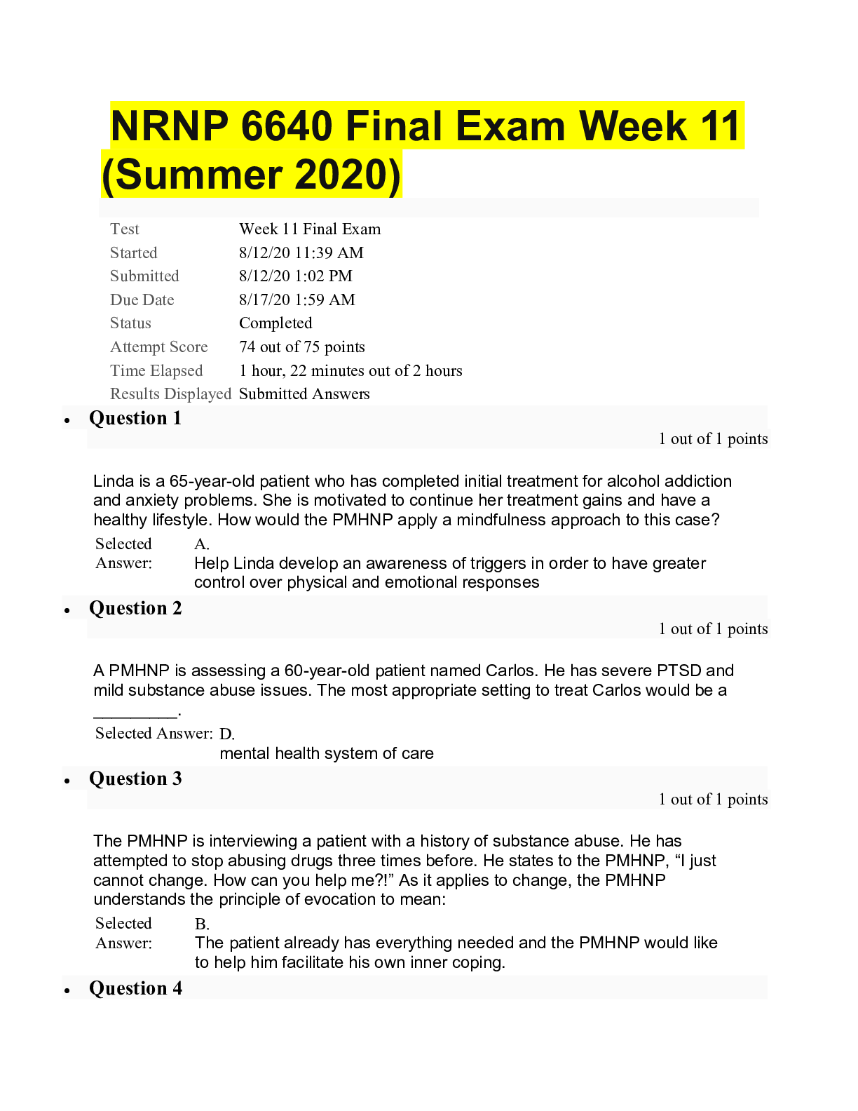 Preview image for NRNP 6640 Final Exam Week 11 (Summer 2020). 74 out of 75 points